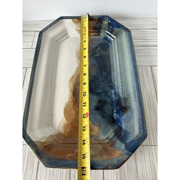 Studio Art Pottery Platter Serving Plate 16x10.5” Blue Brown White Waves “Marty” - Picture 5 of 9